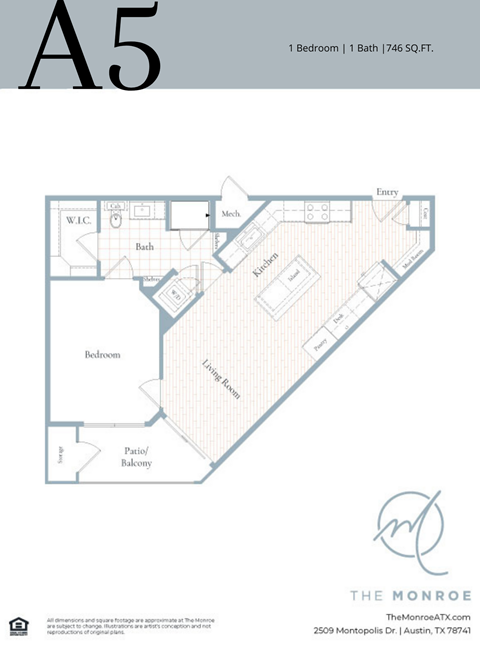 Floor plan for 1 bed, 1 bath, 746 sqft